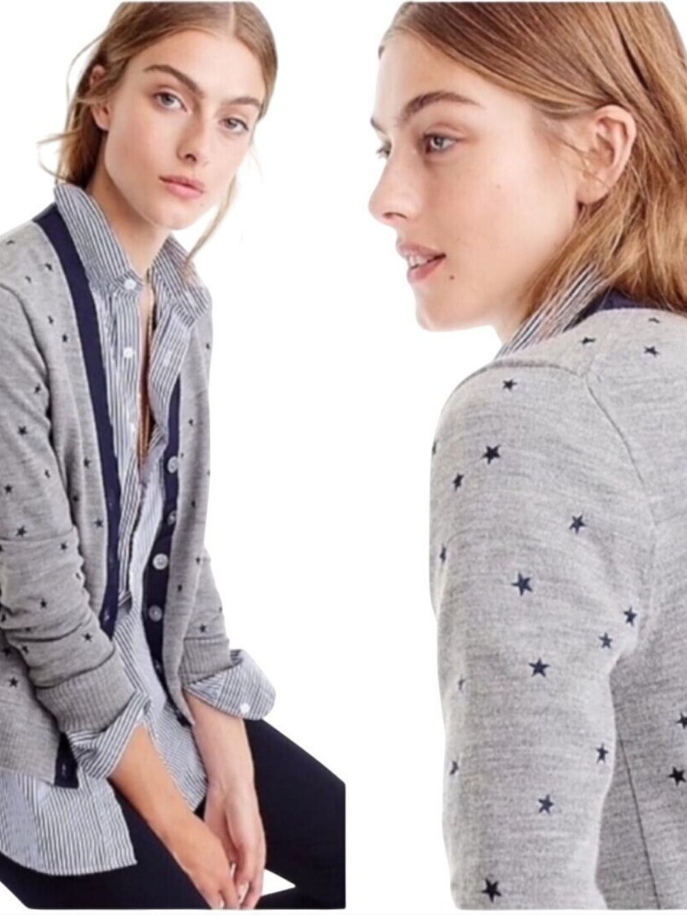 J.Crew Harlow Star Embroidered Merino Wool Blend Cardigan Gray Navy Size Large